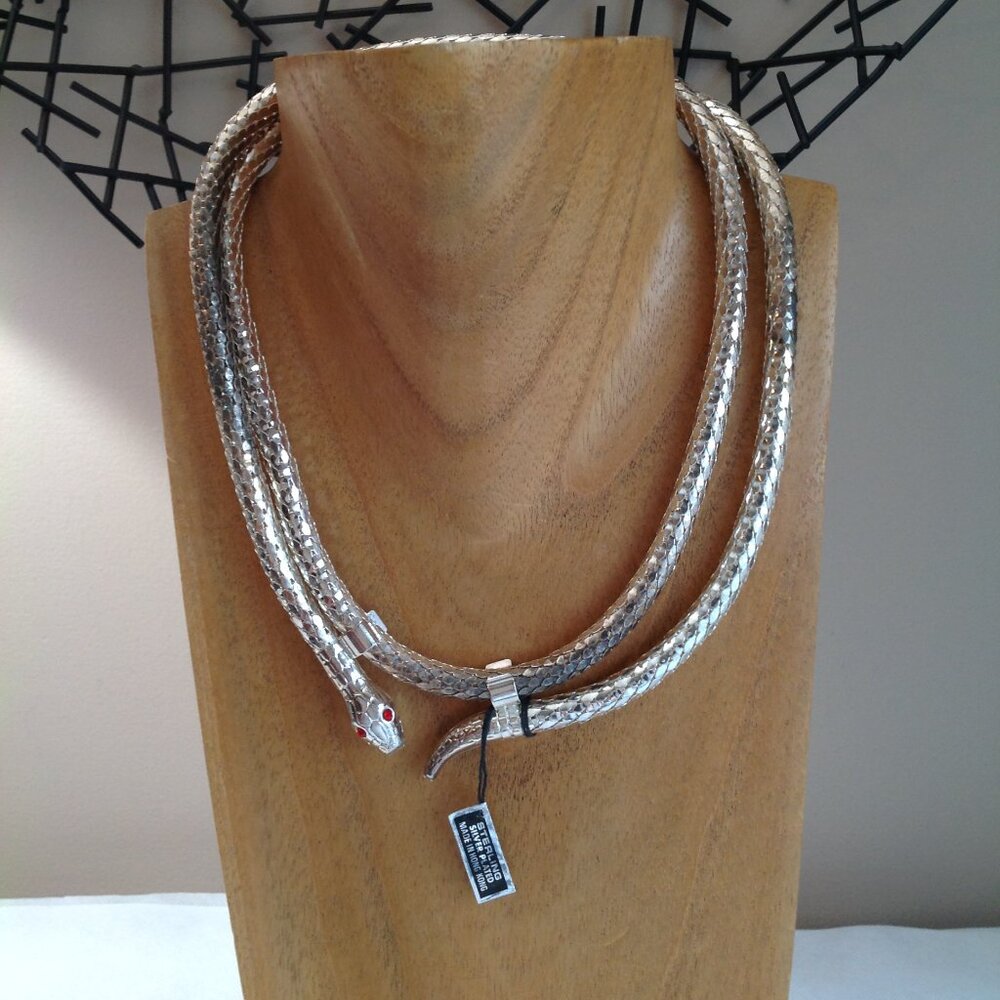 NWT Vintage Sterling Silver Plated Snake Red Rhinestone Eyes Necklace Hong Kong